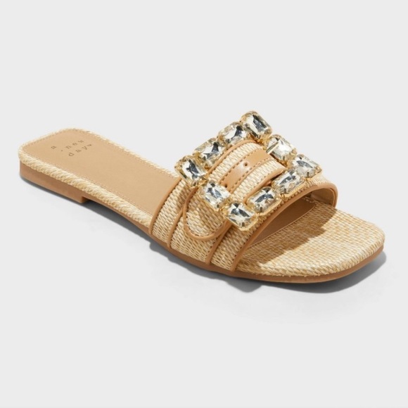 a new day Shoes - Kelsey Rhinestone Buckle Slide Sandals A New Day Tan Square Toe, Block Heel
